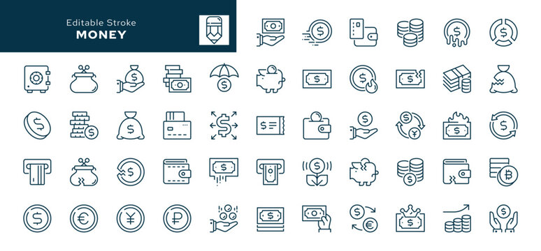 Money outline icons. Money sign, finance, coin,currency and banknote, or. Line icon in linear style. Vector collection