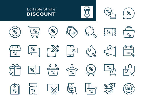 Discount outline icons set. Sale, percentage, price reduction, black friday, coupon, purchase, shop, store, promotion and more. Line icon in linear style. Vector collection