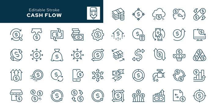 Cash flow outline icons set. Money turnover, cash inflow and outflow, finance, money and more. Line icon in linear style. Vector collection