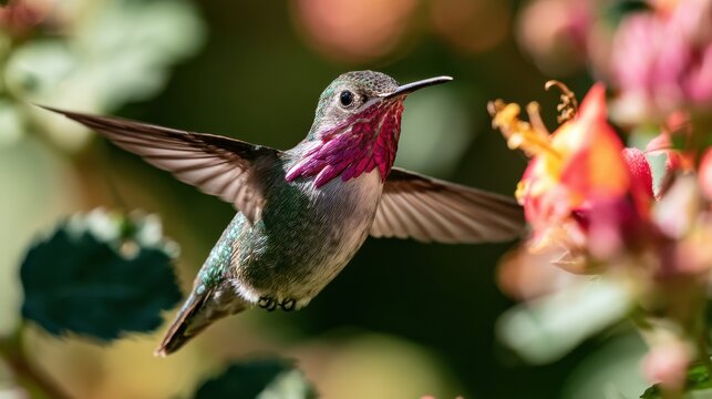 Emerald-green back male Calliope hummingbird feeding on nectar in natural light