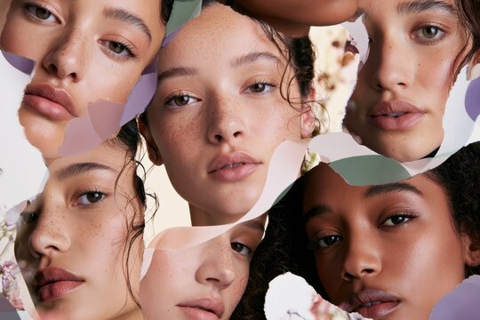 Empowering female portrait collage featuring diverse faces in pastel tones