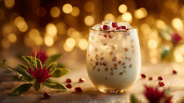 Refreshing mote con huesillos drink served in elegant glass with festive Chilean decorations, ultra realistic, premium beverage photography, no alcohol, no people