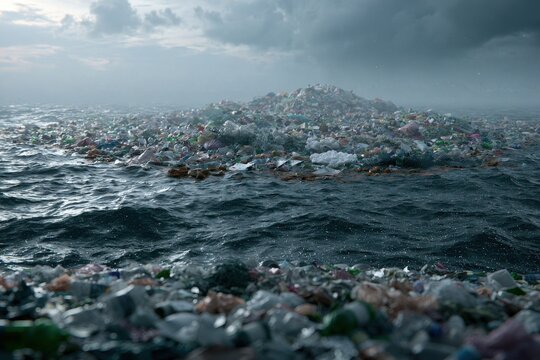 Enormous garbage patch visualization with bottles, nets and organic residues