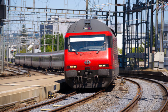 SBB CFF FFS train arriving at railway station Zurich Oerlikon on a sunny hot summer day. Photo taken August 19th, 2026, Zurich Oerlikon, Switzerland.