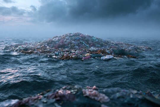 Environmental disaster concept: vast debris island on a stormy sea