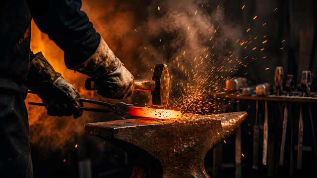 A strong blacksmith wearing leather gloves is hammering hot metal on the forge, and sparks of fire are flying from it.