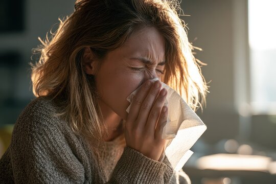 Estornudo en interior dom&Atilde;&copy;stico: persona cubri&Atilde;&copy;ndose la boca con un pa&Atilde;&plusmn;uelo