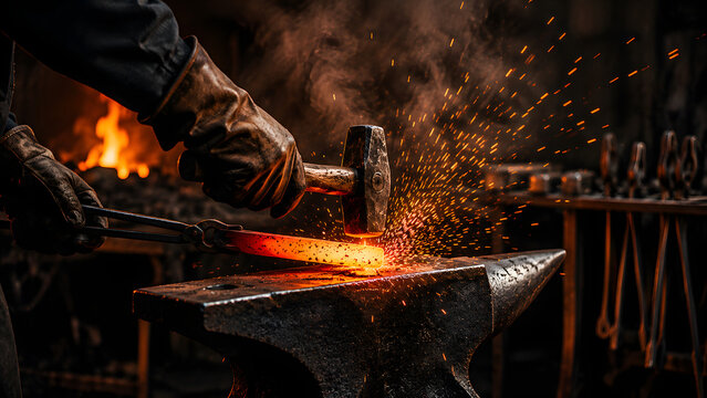 A strong blacksmith wearing leather gloves is hammering hot metal on the forge, and sparks of fire are flying from it.
