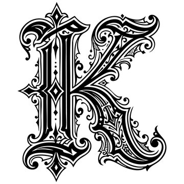 Vintage gothic letter k monogram vector illustration with ornate flourish and baroque calligraphy design letter k monogram