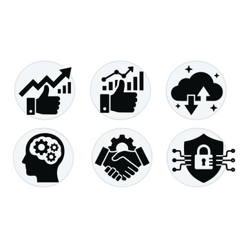Business growth and development icons showing successful strategies, innovative thinking, secure cloud computing, and strong partnerships for achieving objectives