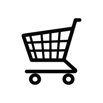 Black outline shopping cart icon symbolizing retail purchasing, online shopping, consumerism, e commerce, market, grocery stores, sale, and customer service