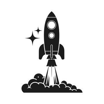 Black silhouette rocket taking off with stars and smoke, symbolizing startup launch, business growth, innovation, future exploration, and project success icon