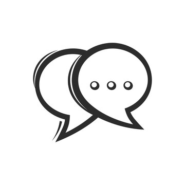 Overlapping speech bubbles with three dots on a plain white background, symbolizing communication, interaction, chat, dialogue, and discussion in a digital context
