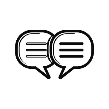 Two black and white chat bubbles representing online communication, a social network icon for digital conversation, instant messaging, and dialogue exchange