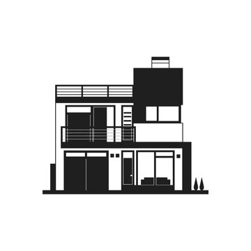 Modern minimalist house icon representing contemporary architecture, residential building, real estate, property development, and urban living concepts with clean lines
