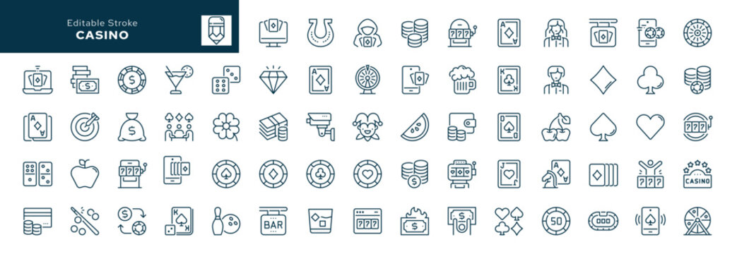 Casino outline icons set. Poker, card games, playing cards, chips, lottery, roulette, slot machine and more. Line icon in linear style. Vector collection