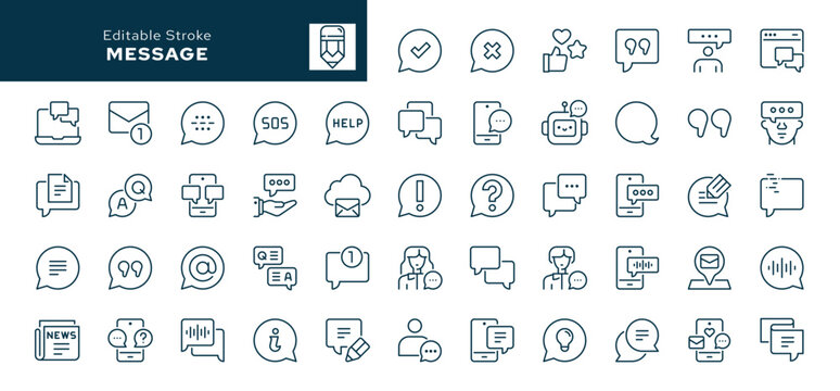 Message outline icons set. Talking bubble, conversation, communication, discussion, dialogue, chat, text and audio message. Line icon in linear style. Vector collection	