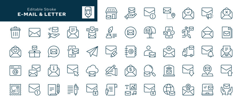 E-mail and letter outline icons set. Mail, postal letter, mailing, post office and mailbox. Line icon in linear style. Vector collection