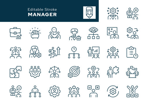 Manager outline icons set. Employee, management, worker, working staff, team, teamwork, hiring, organization, development, coaching, planning and more. Line icon in linear style. Vector collection