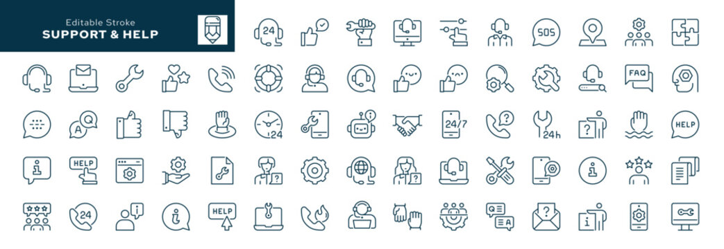 Support and help outline icons. Customer service, technical support, sos, customer contact, consumer question and more. Line icon in linear style. Vector collection