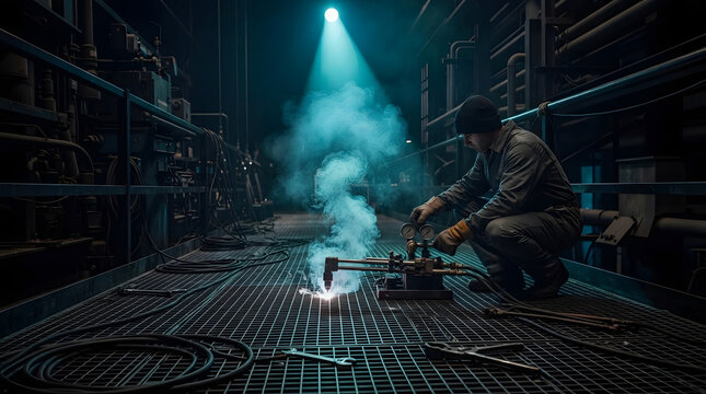 worker in overalls crouching to operate industrial equipment emitting vapor or smoke in a dimly lit factory, industrial safety, machinery operation, manufacturing, workplace hazards, and dramatic atmo