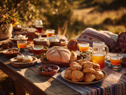 Rustic countryside picnic with authentic Chilean foods, desserts and beverages celebrating Fiestas Patrias, no humans