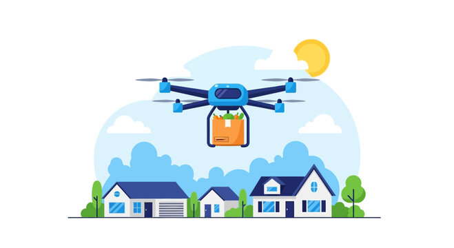 Autonomous Delivery Drone Carrying Box of Fresh Groceries Over Suburban Houses, Future Logistics and Modern Shipping Technology Concept, Flat Vector Illustration