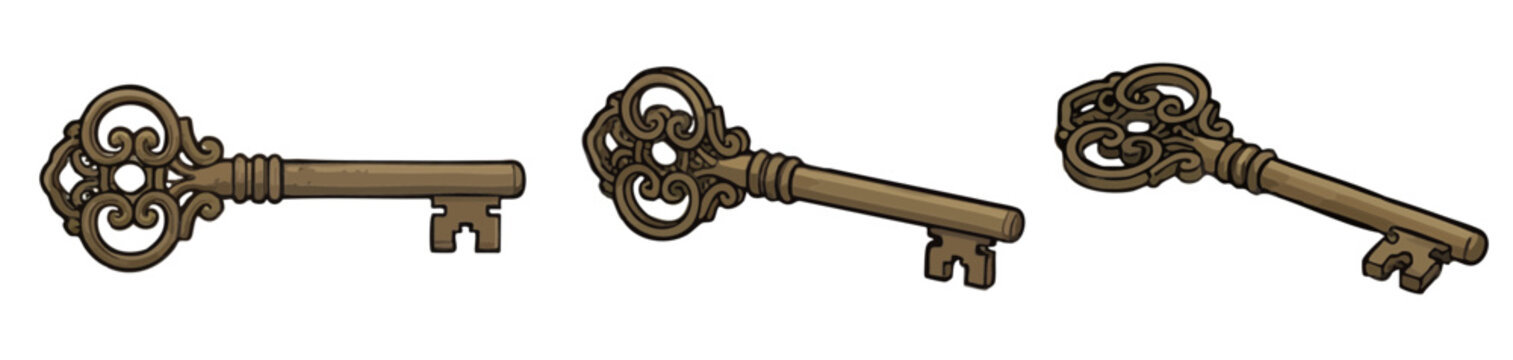 Vintage brass skeleton keys with ornate design on white background