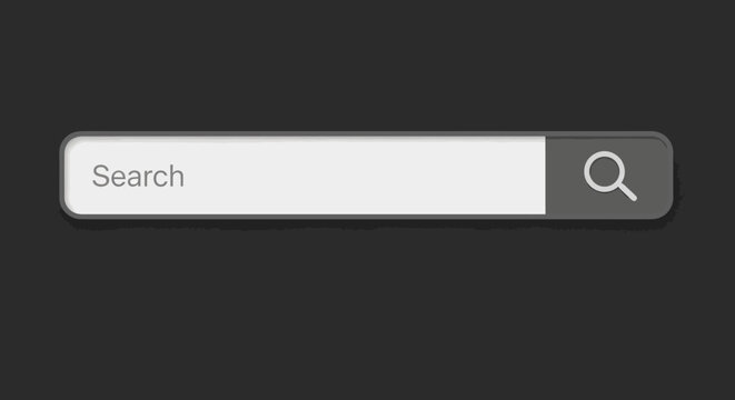Sleek dark gray search bar input field with magnifying glass icon. Minimalist vector web interface element for website user interface design. Flat design technology concept with white text label.