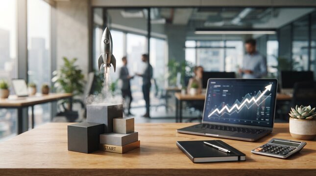 Small silver rocket launching from wooden office desk with growth chart on laptop screen.