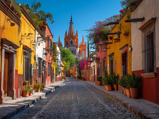 Fototapeta premium San Miguel de Allende historic center with colonial cathedral, colorful buildings, flower-filled streets, blue sky, ultra realistic architectural photography, no people