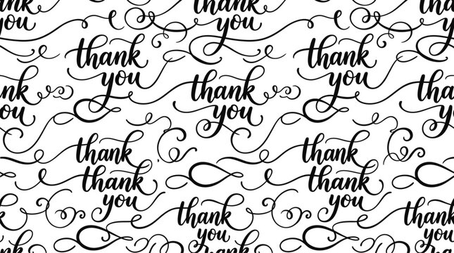 Seamless pattern with elegant thank you calligraphy and decorative flourishes on white background.