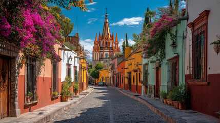 Naklejka premium San Miguel de Allende historic center with colonial cathedral, colorful buildings, flower-filled streets, blue sky, ultra realistic architectural photography, no people