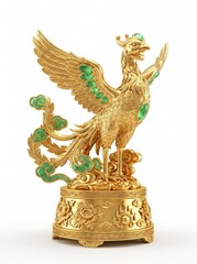 Fototapeta premium An exquisite golden phoenix sculpture features intricate craftsmanship with vibrant green jade inlays perched atop ornate clouds and peony flowers on decorative traditional circular base