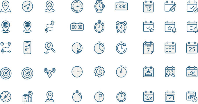 Modern Navigation Time Management and Calendar Icon Set Featuring 45 Clean Blue Line Vectors for GPS Tracking Schedulers Appointments and Productivity App UI Layouts