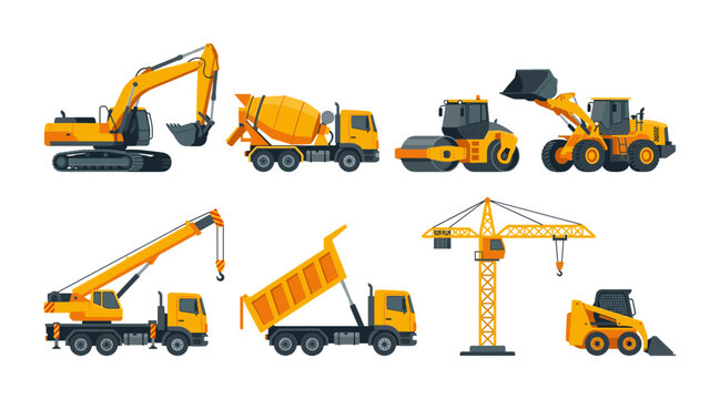 Heavy construction machinery and vehicles vector illustration set featuring excavator cement mixer truck road roller wheel loader mobile crane dumper tower crane bobcat