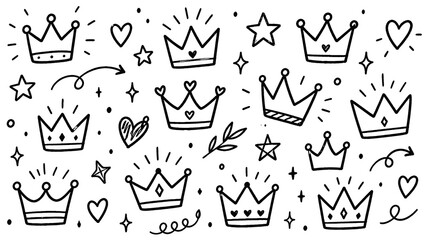 Hand Drawn Crown Doodle Collection with Hearts, Stars, Sparkles and Decorative Royalty Elements © sss