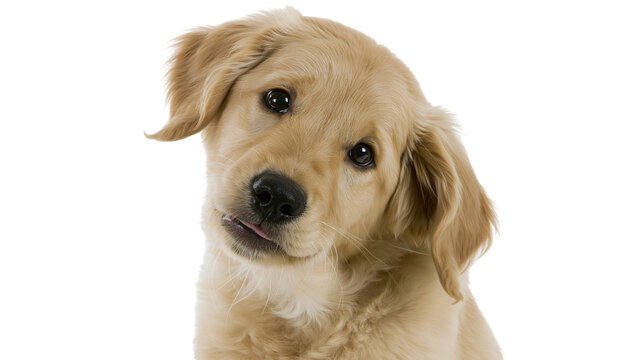 Golden Retriever puppy with head tilted, tongue peeking out