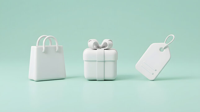 Three white 3d shopping icons including bag gift box and price tag on soft mint background for ecommerce retail website design.