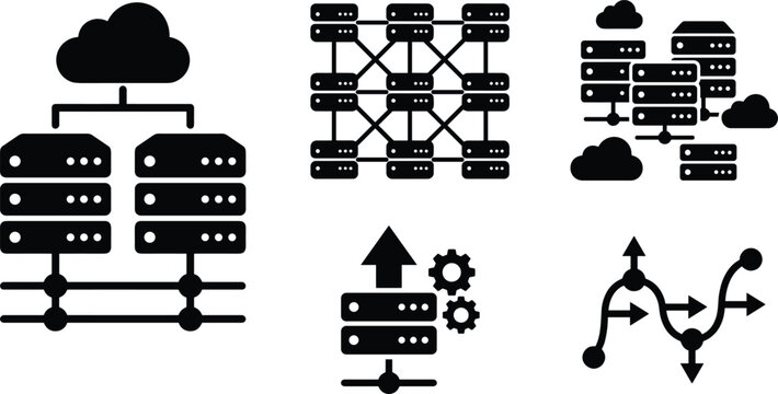 Set of black vector icons representing cloud computing, server networks, data centers, and IT infrastructure.