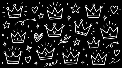 Hand Drawn Crown Doodle Collection with Hearts, Stars, Sparkles and Decorative Royalty Elements © sss