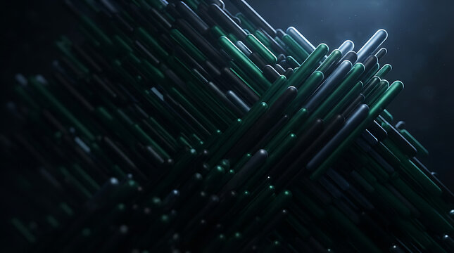 Abstract 3D tube cluster with neon green light beams in dark sci fi background