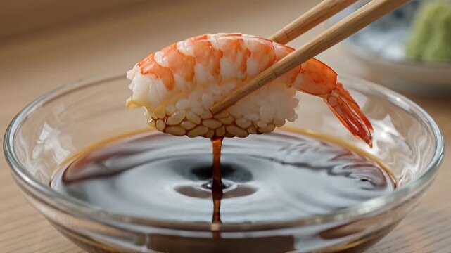 Chopsticks dipping ebi shrimp nigiri sushi into soy sauce glass bowl