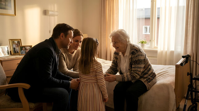 Family visiting elderly woman in hospital bed.