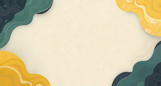 Elegant abstract background with wavy teal and gold corner patterns and central copy space for presentation banner