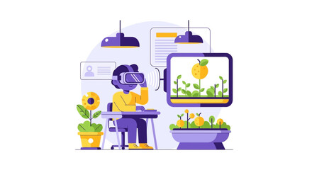 Naklejka premium Smart Agriculture and Education Concept: Person Using VR Headset for Digital Farming and Plant Growth Monitoring Illustration