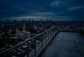 Fototapeta premium Urban skyline at dusk, city lights and modern architecture, rooftop terrace view with dramatic cloudy sky