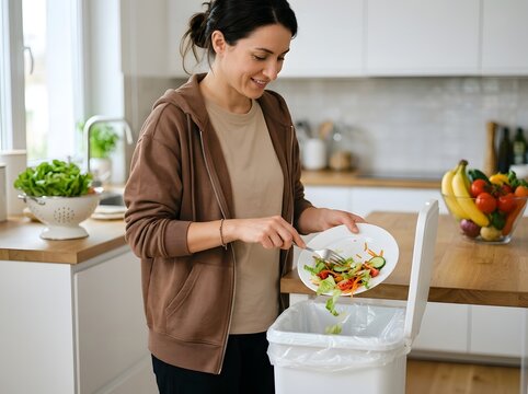 Smiling woman in kitchen throwing leftover salad from a plate into a white waste bin with disposal
