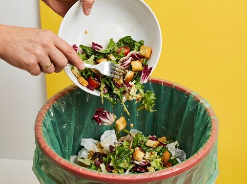Person scraping green salad with croutons from a white bowl into a green lined trash can, disposal