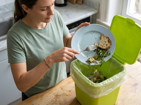 Woman scraping leftover meal remnants from a plate into a green compost bin indoors with leftovers
